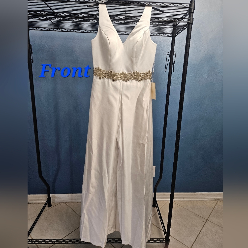 LanTing White Bridal Jumpsuit with Jewel Belt